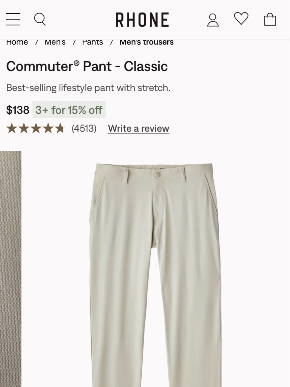Rhône Commuter Slim Pants – Stone – 38x30